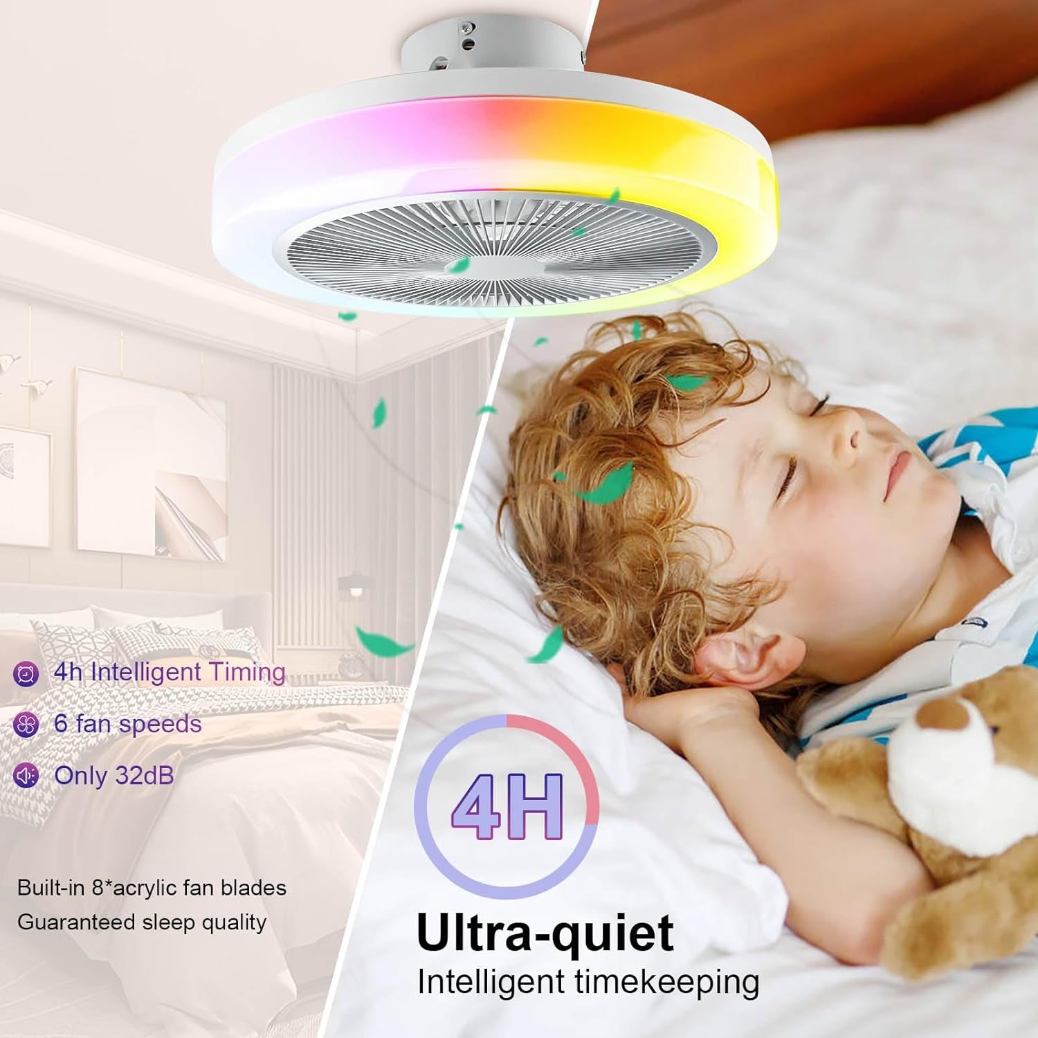 50CM LED Ceiling Light with Fan,Rgb Super Bright Lights,Bluetooth Music Speaker,Remote Control and App,Adjustable Wind Speed and Light,3000K-6500K,Modern Ceiling Light for Bedroom,Living Room